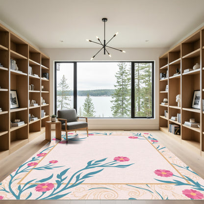 Pink Floral Branches Golden Swirls Rug
