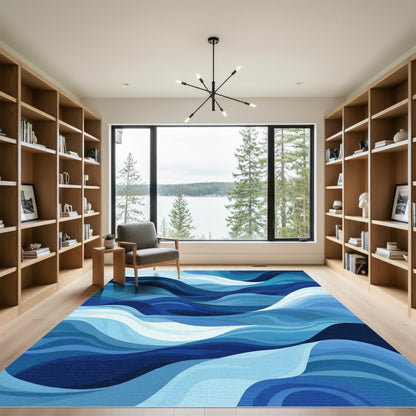 Deep Blue Abstract Wave Harmony Rug