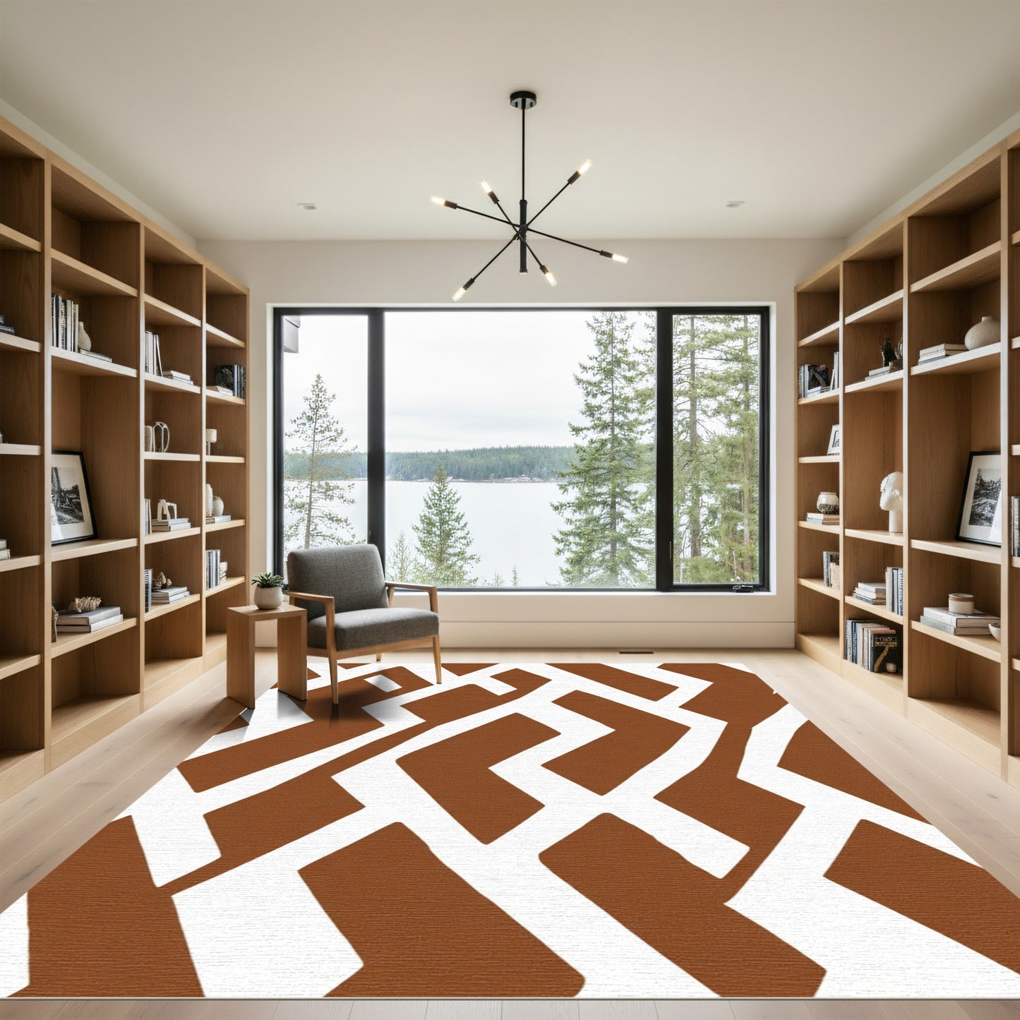Brown White Abstract Geometric Pattern Rug