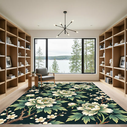 Elegant White Peony Blossom Botanical Art Rug