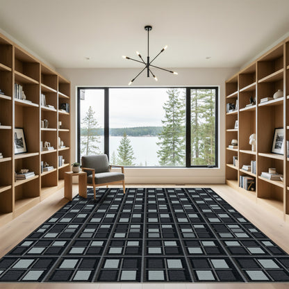 Dark Gray Geometric Square Grid Rug