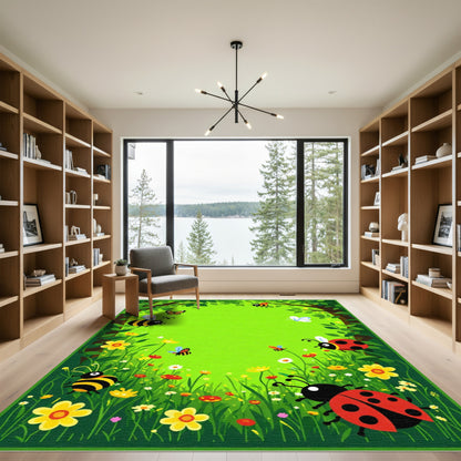Whimsical Bumblebee Ladybug Meadow Rug