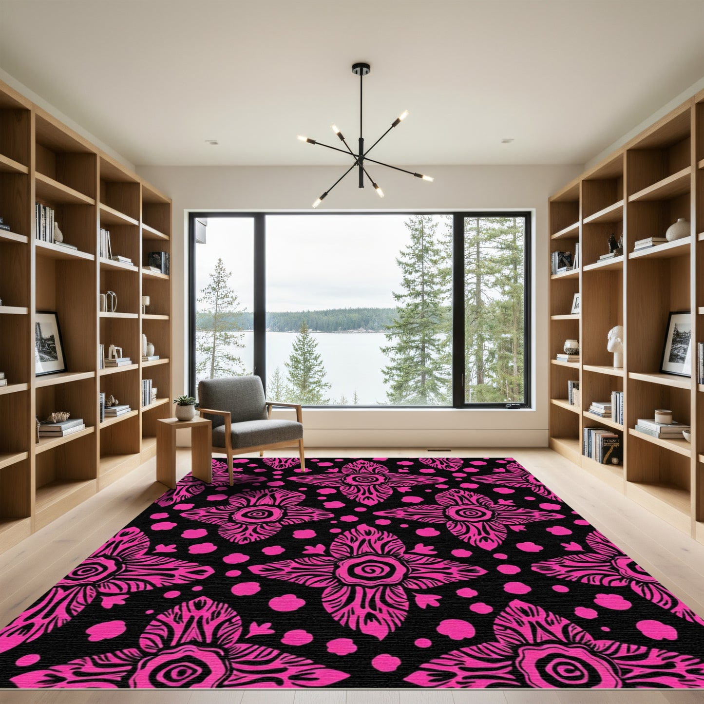 Vibrant Pink Floral Medallion Black Rug