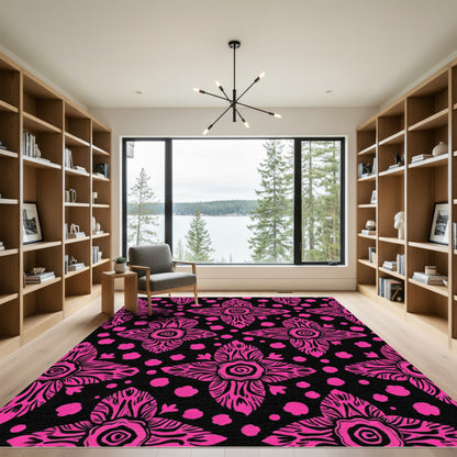 Vibrant Pink Floral Medallion Black Rug