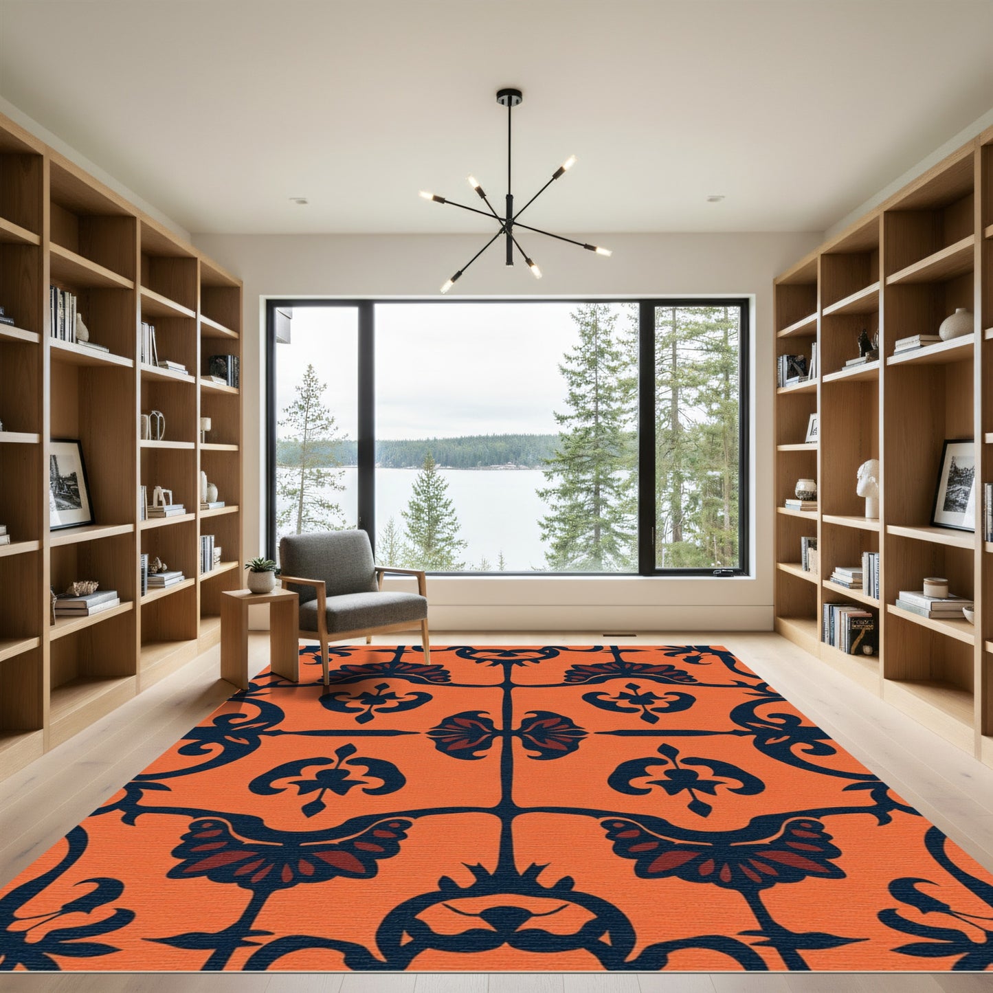 Burnt Orange Indigo Floral Medallions Rug