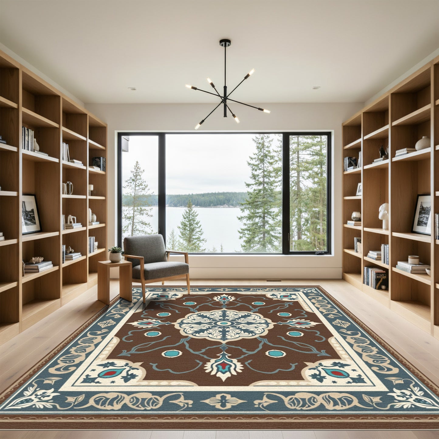 Brown Blue Medallion Floral Border Rug