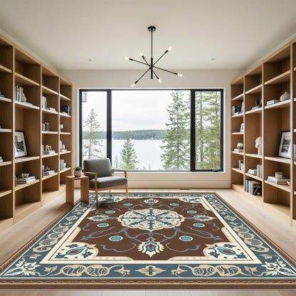 Brown Blue Medallion Floral Border Rug