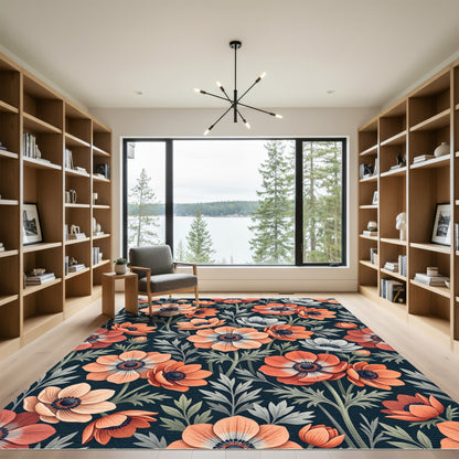 Coral Anemone Botanical Dark Navy Rug