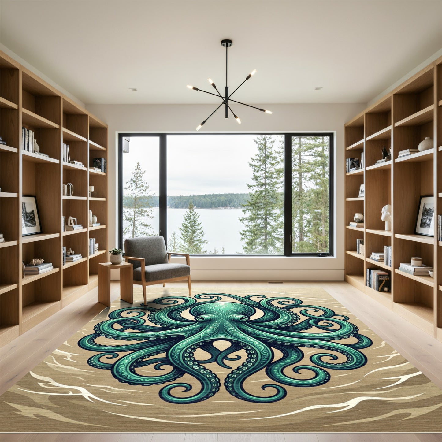 Intricate Teal Octopus Sea Creature Art Rug