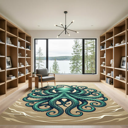 Intricate Teal Octopus Sea Creature Art Rug