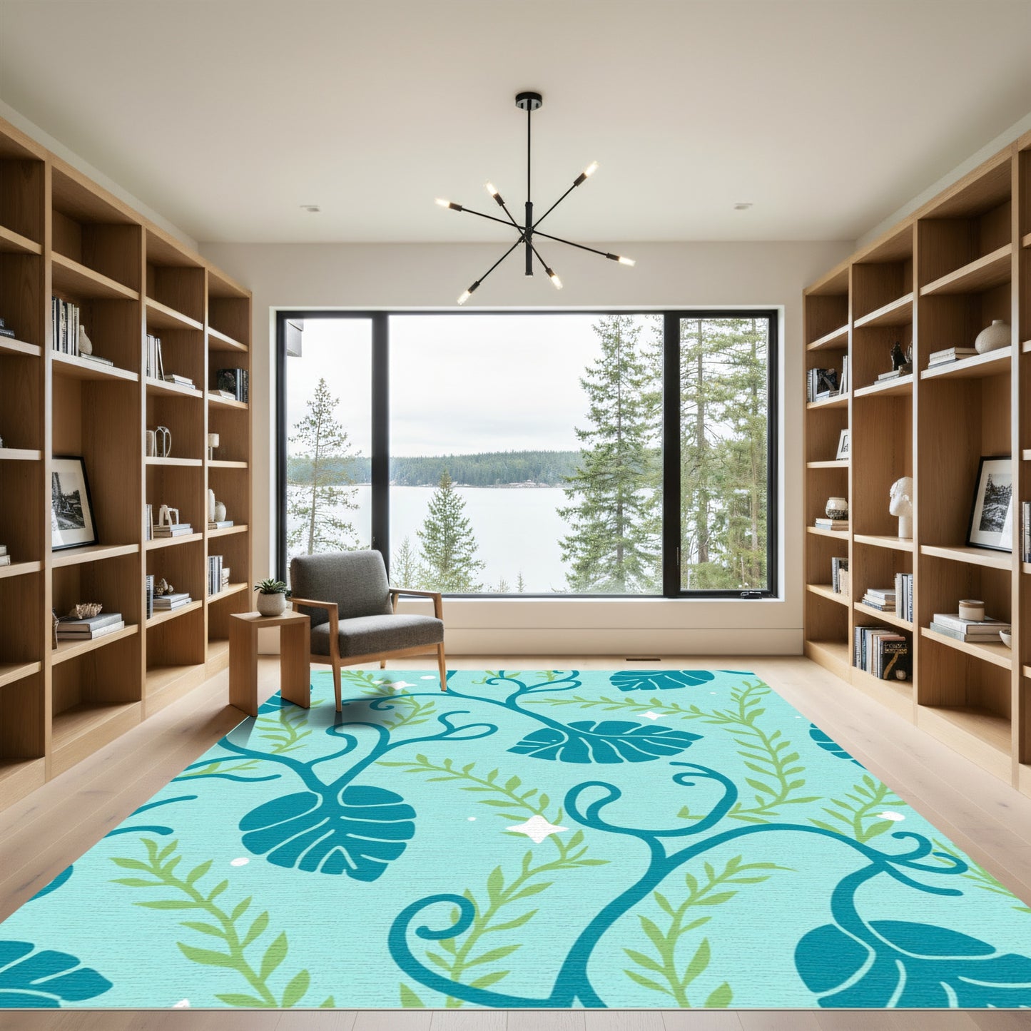 Teal Swirling Vine Foliage Meadow Rug