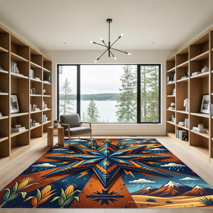 Southwestern Corn Star Geometric Copper Blue Rug