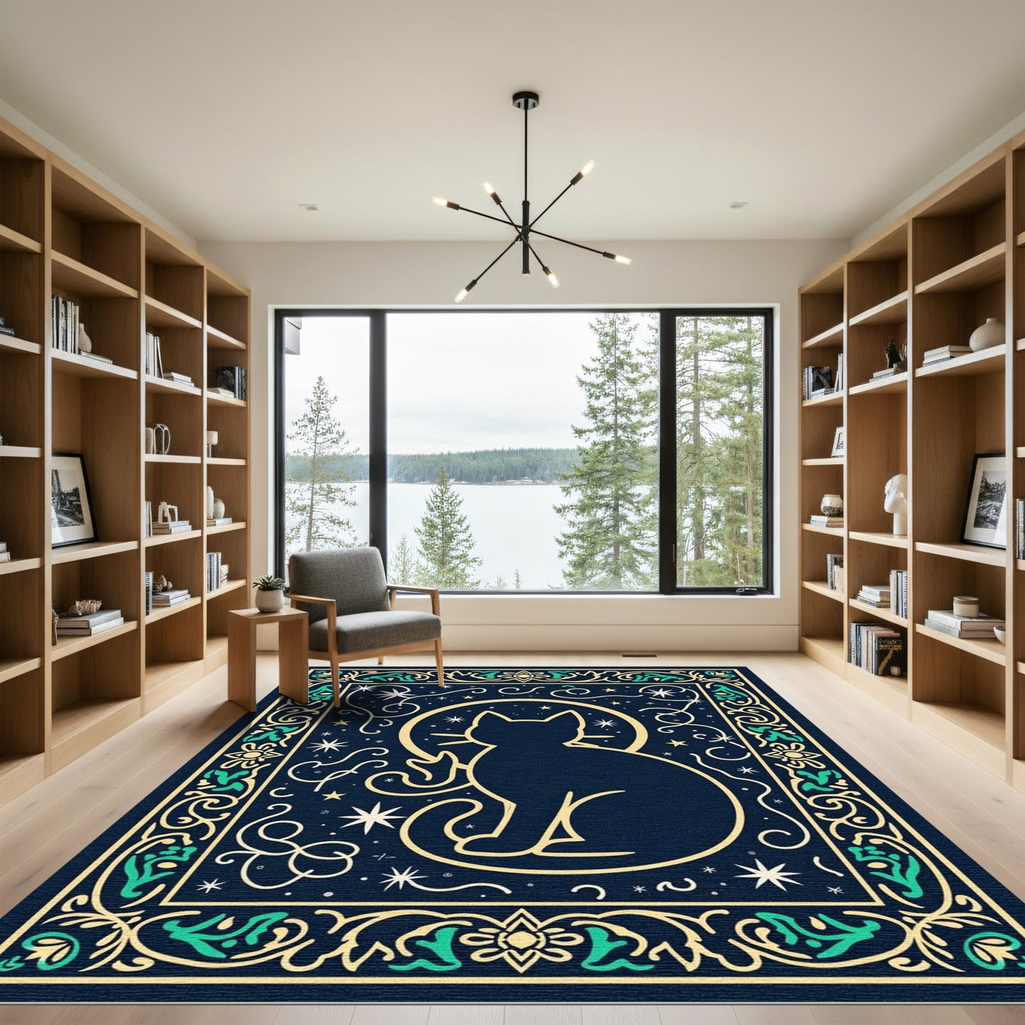 Midnight Celestial Cat With Whimsical Border Rug