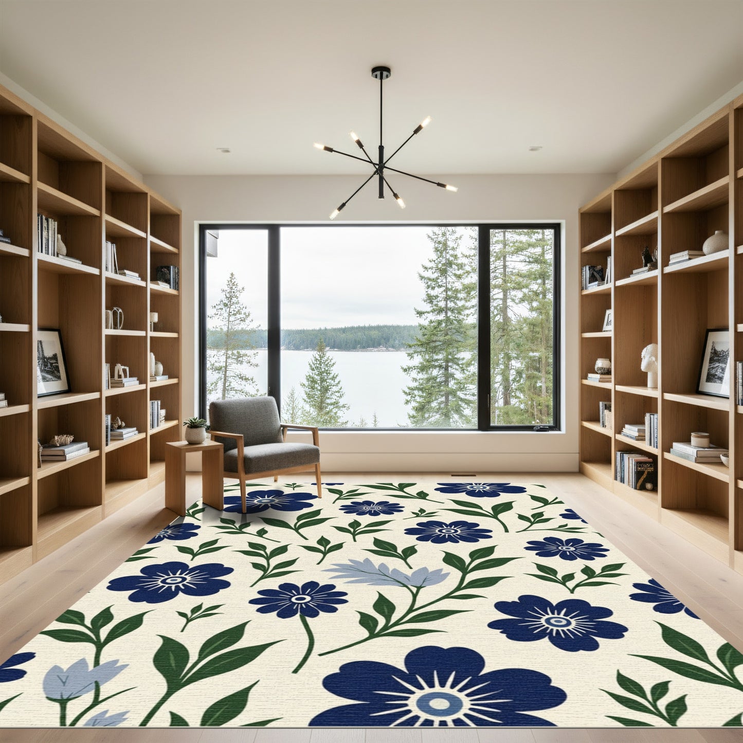 Navy Blue Floral Medallion Garden Rug
