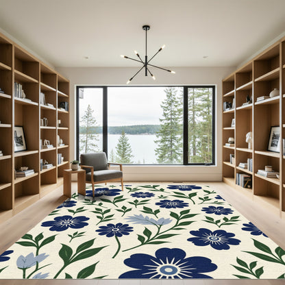 Navy Blue Floral Medallion Garden Rug