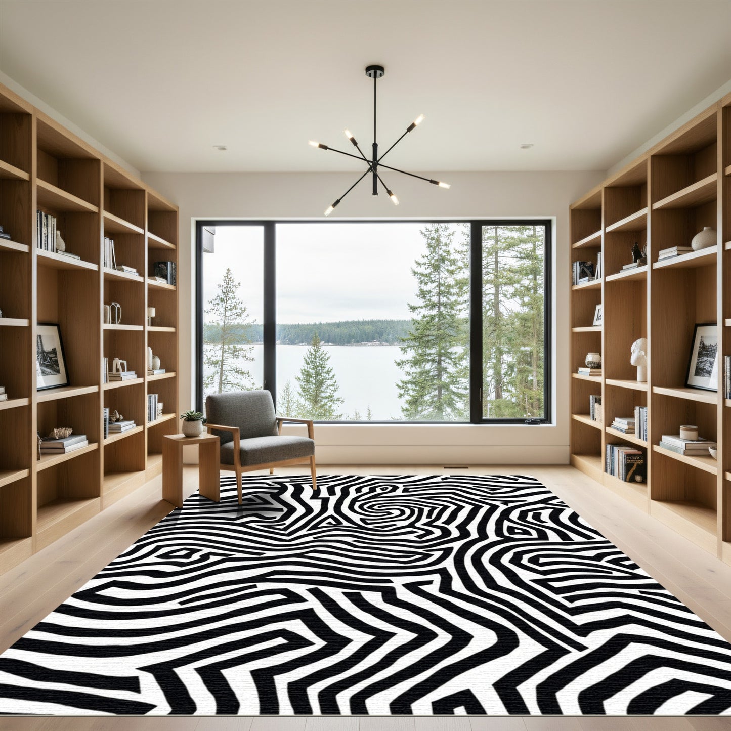 Black and White Abstract Maze Lines Rug