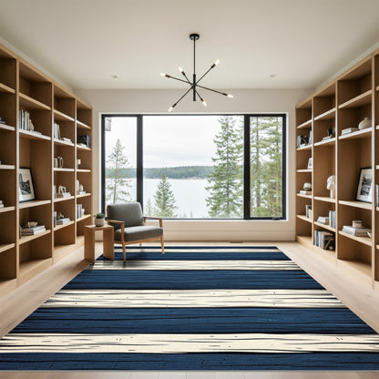 Modern Navy and Cream Horizontal Stripe Rug