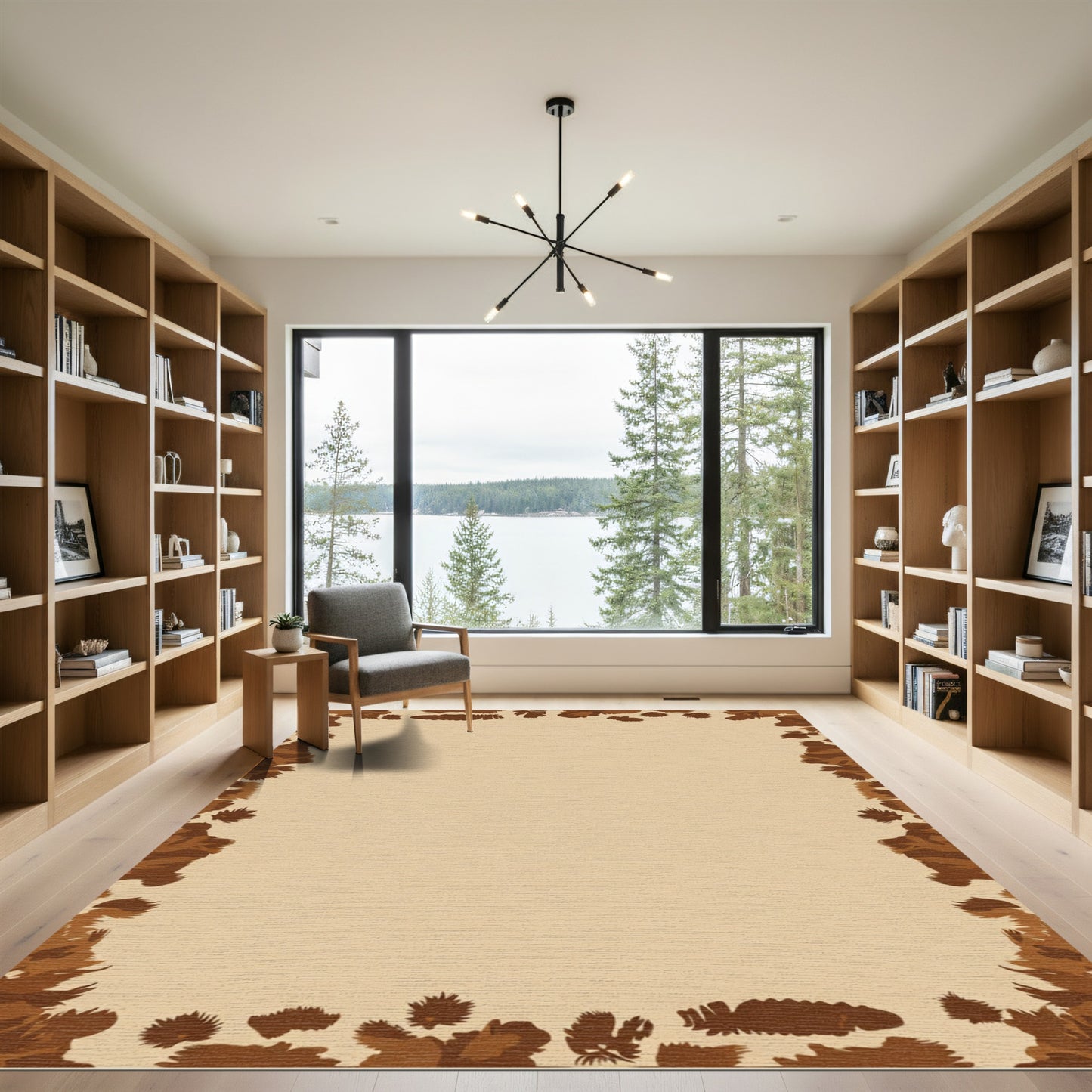 Brown Abstract Wood Grain Border Rug