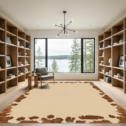 Brown Abstract Wood Grain Border Rug