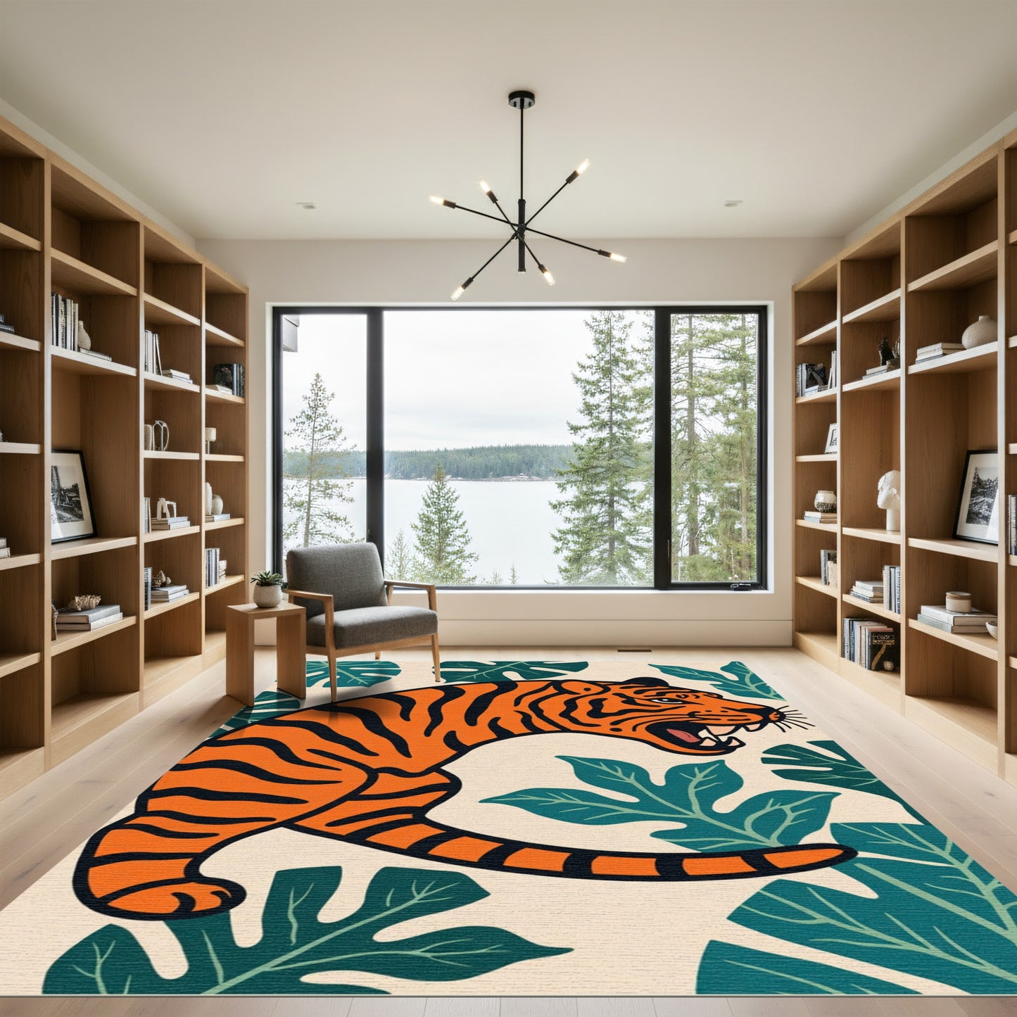 Bold Orange Tiger Tropical Leaves Rug