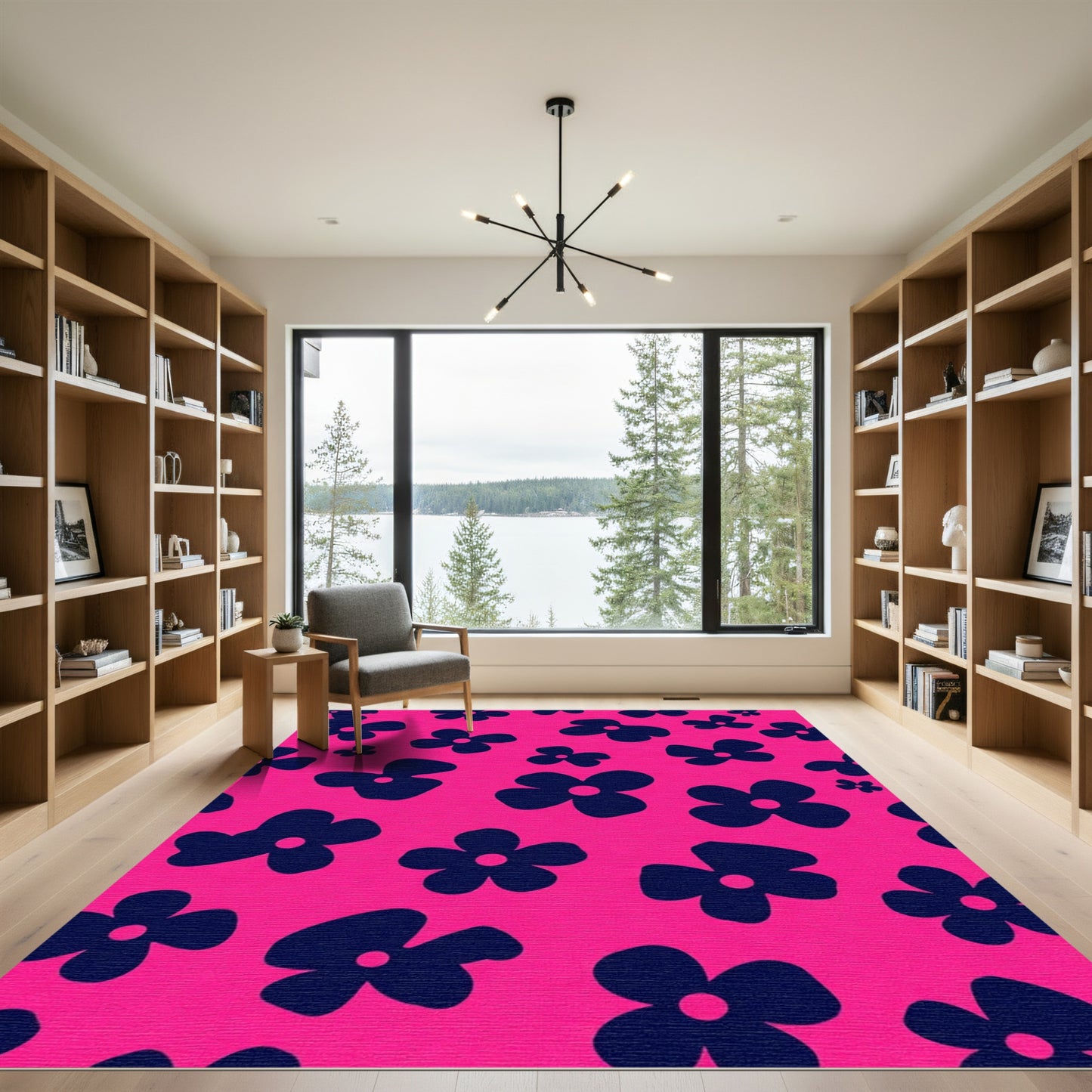 Bold Blue Floral On Pink Rug