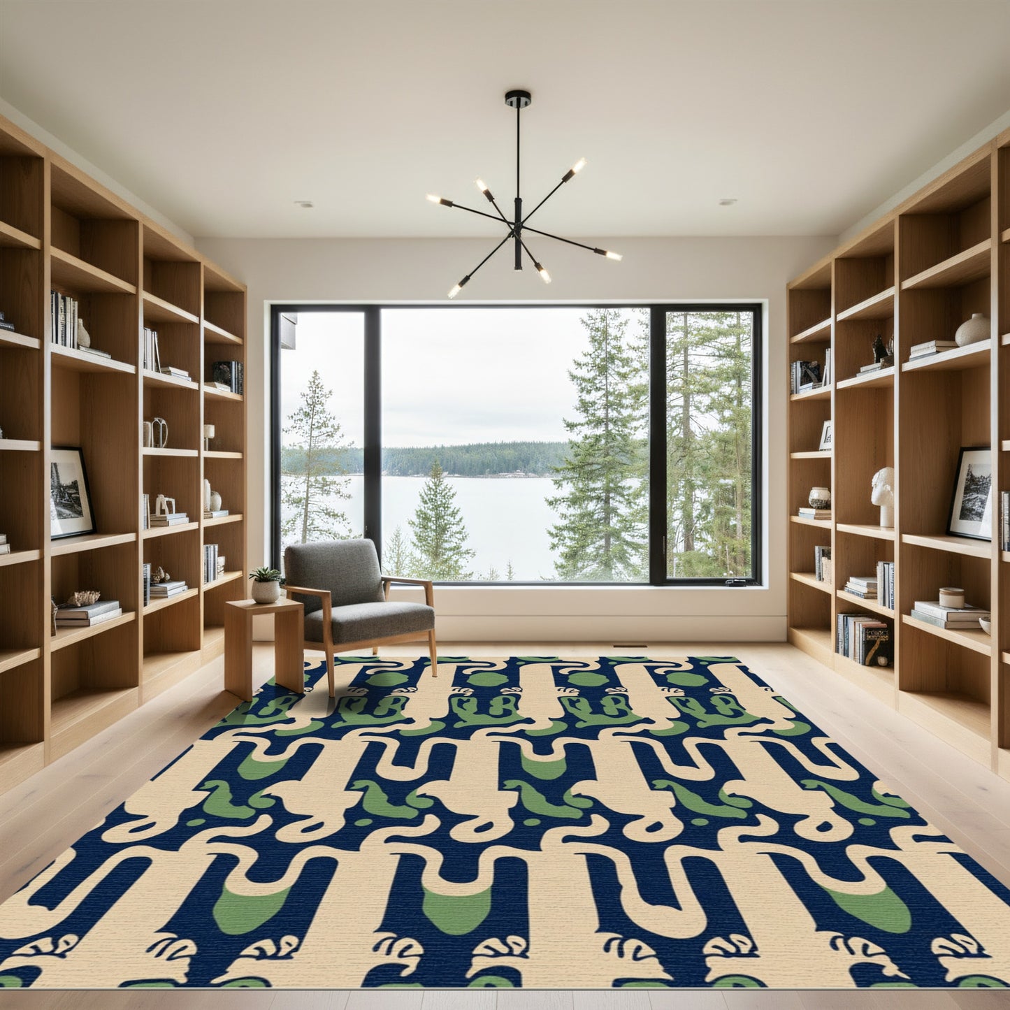 Deep Blue Tan Green Abstract Figures Rug