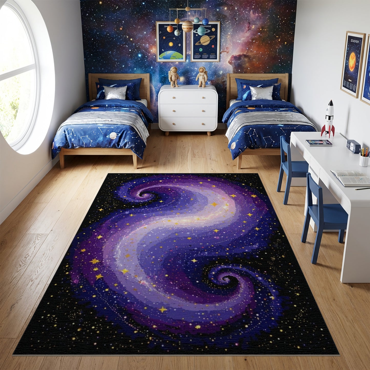 Cosmic Purple Gold Swirling Stars Rug