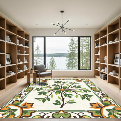 Ornate Orange Green Floral Tree Rug