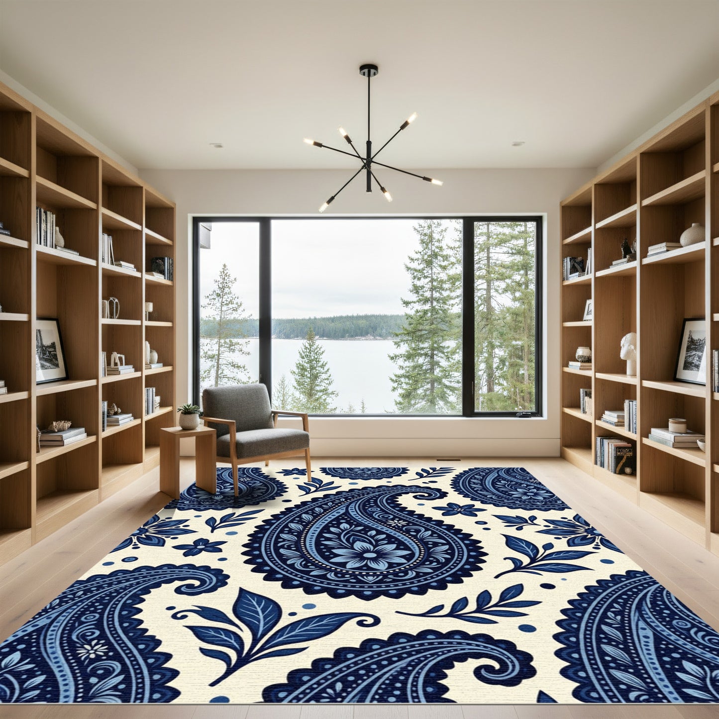 Elegant Blue Paisley Floral Art Rug
