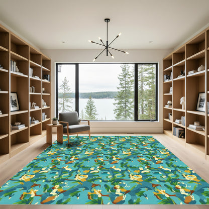 Turquoise Floral Vines Abstract Rug