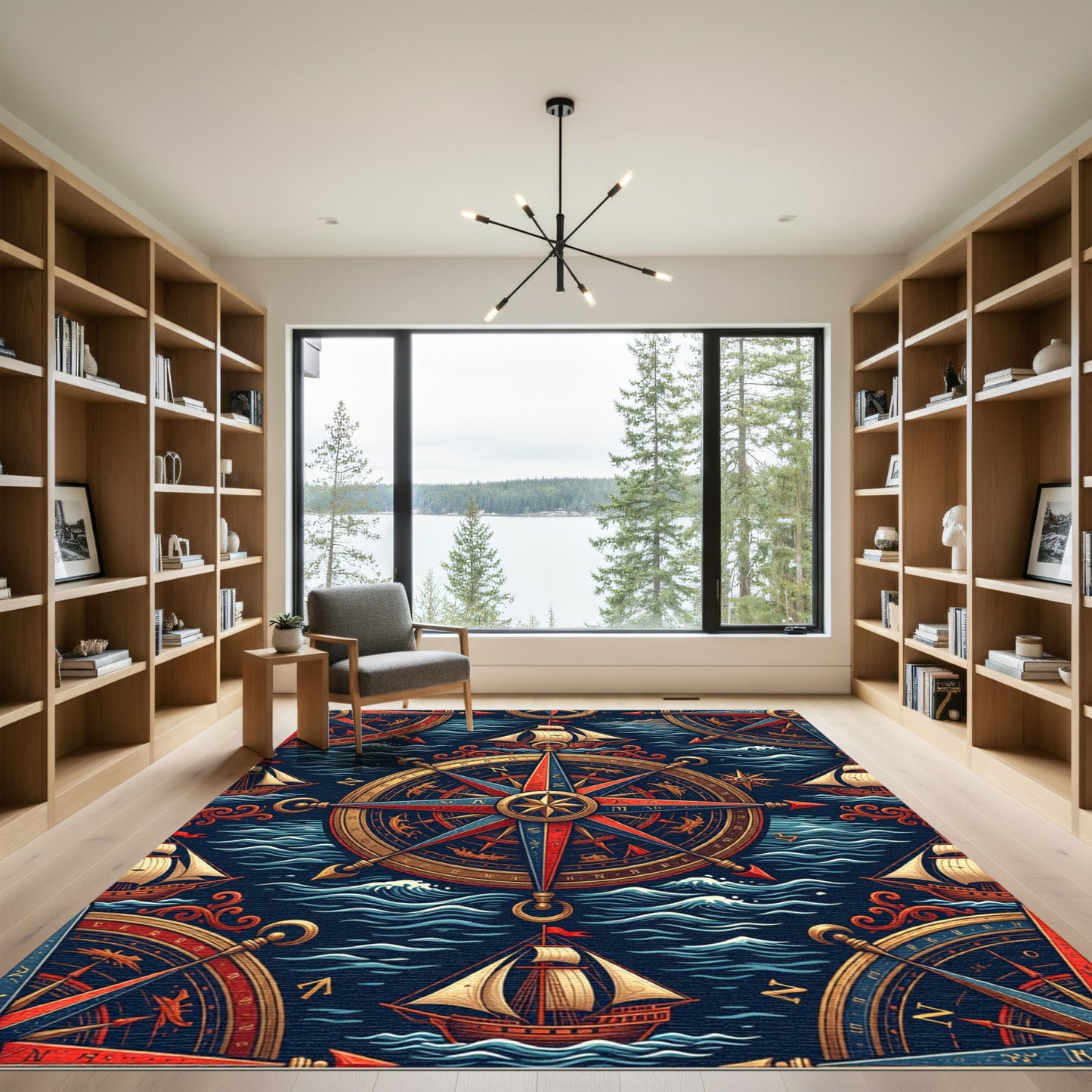 Nautical Compass Gold Ship Navy Ocean Rug