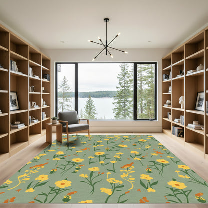 Sage Green Yellow Floral Bird Medley Rug
