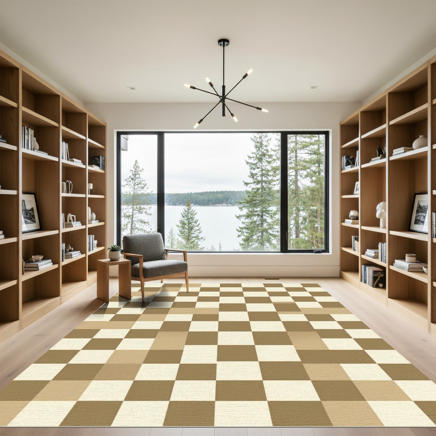 Neutral Tan Checkered Grid Texture Rug