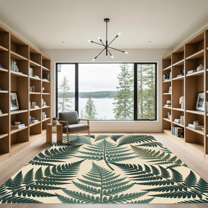 Emerald Green Fern Foliage Pattern Rug
