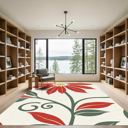 Bold Red Daisy Swirl Floral Rug