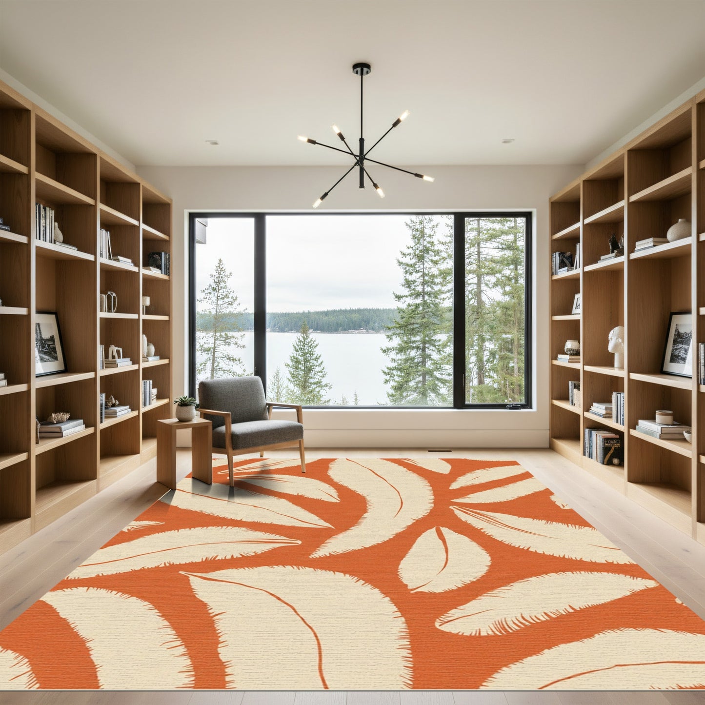 Burnt Orange Cream Feathered Leaf Rug