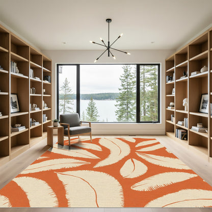 Burnt Orange Cream Feathered Leaf Rug