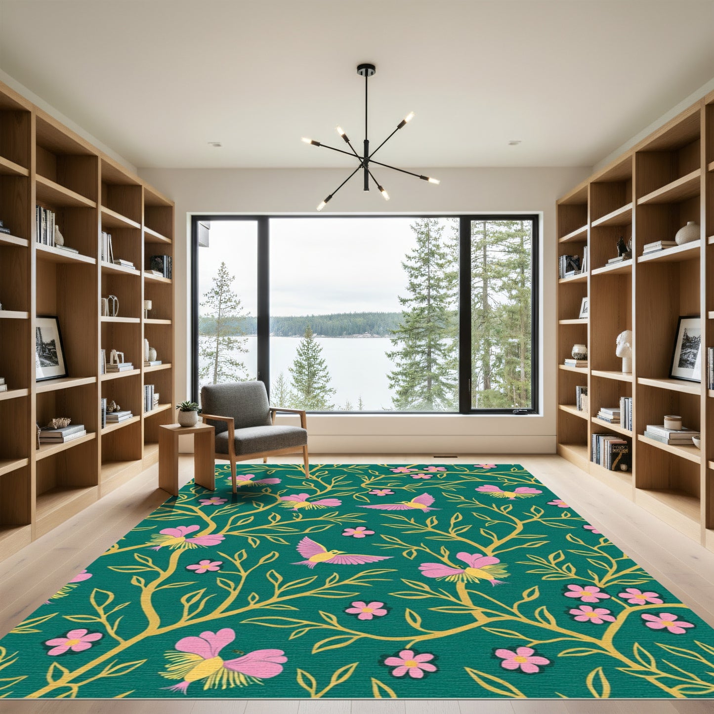 Pink Bird Blossom Vine Emerald Rug