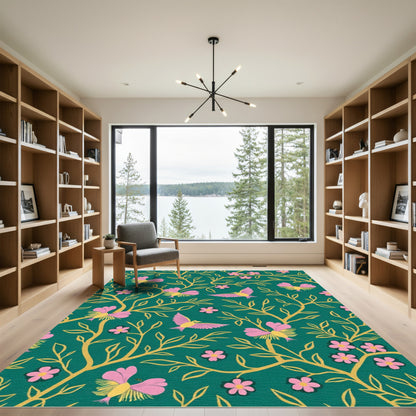 Pink Bird Blossom Vine Emerald Rug