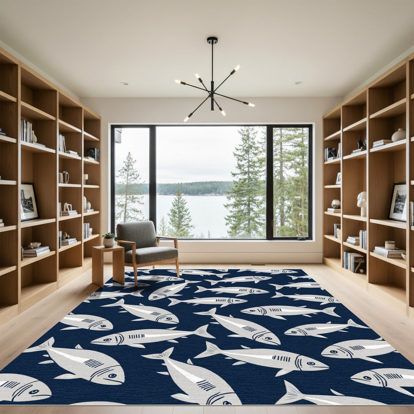 Navy Blue Schooling Fish Composition Rug