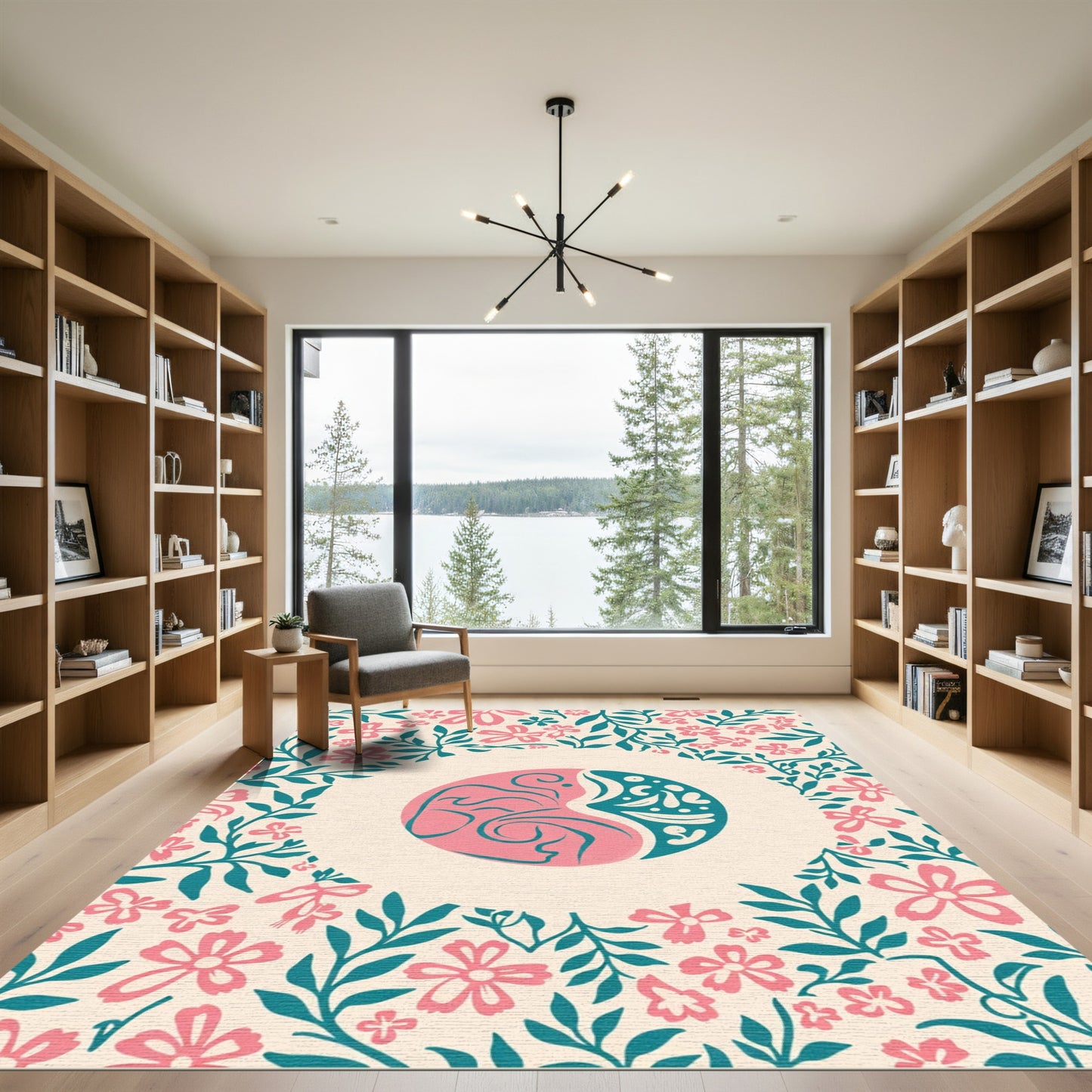 Pink Teal Floral Yin Yang Composition Rug