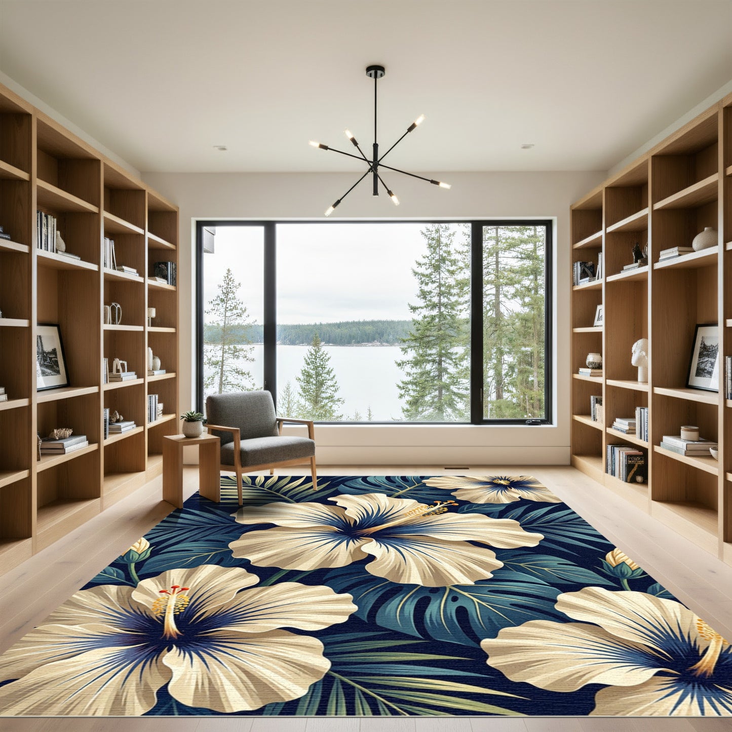 Cream Hibiscus and Navy Palm Leaf Rug