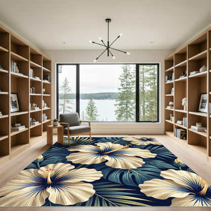 Cream Hibiscus and Navy Palm Leaf Rug