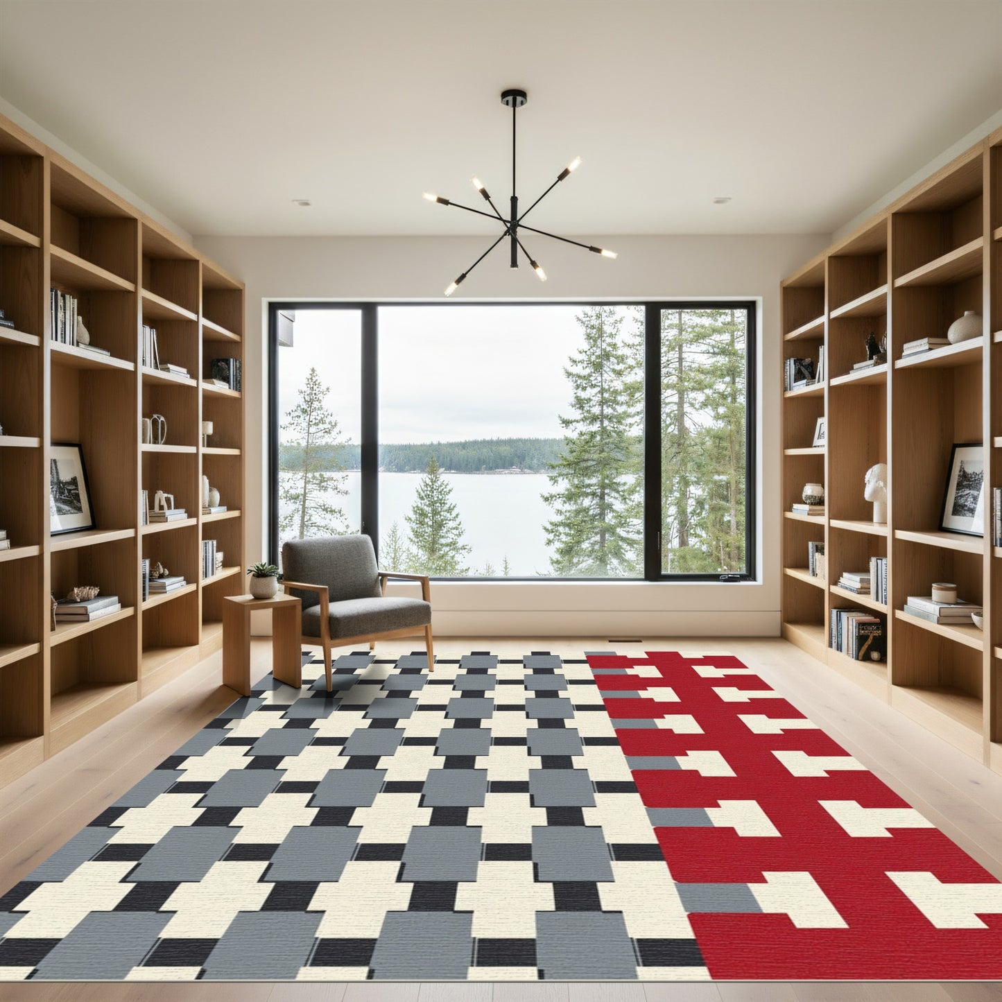 Red Gray Grid Interlock Weave Rug