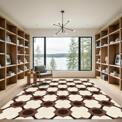 Retro Floral Geometric Brown Cream Rug