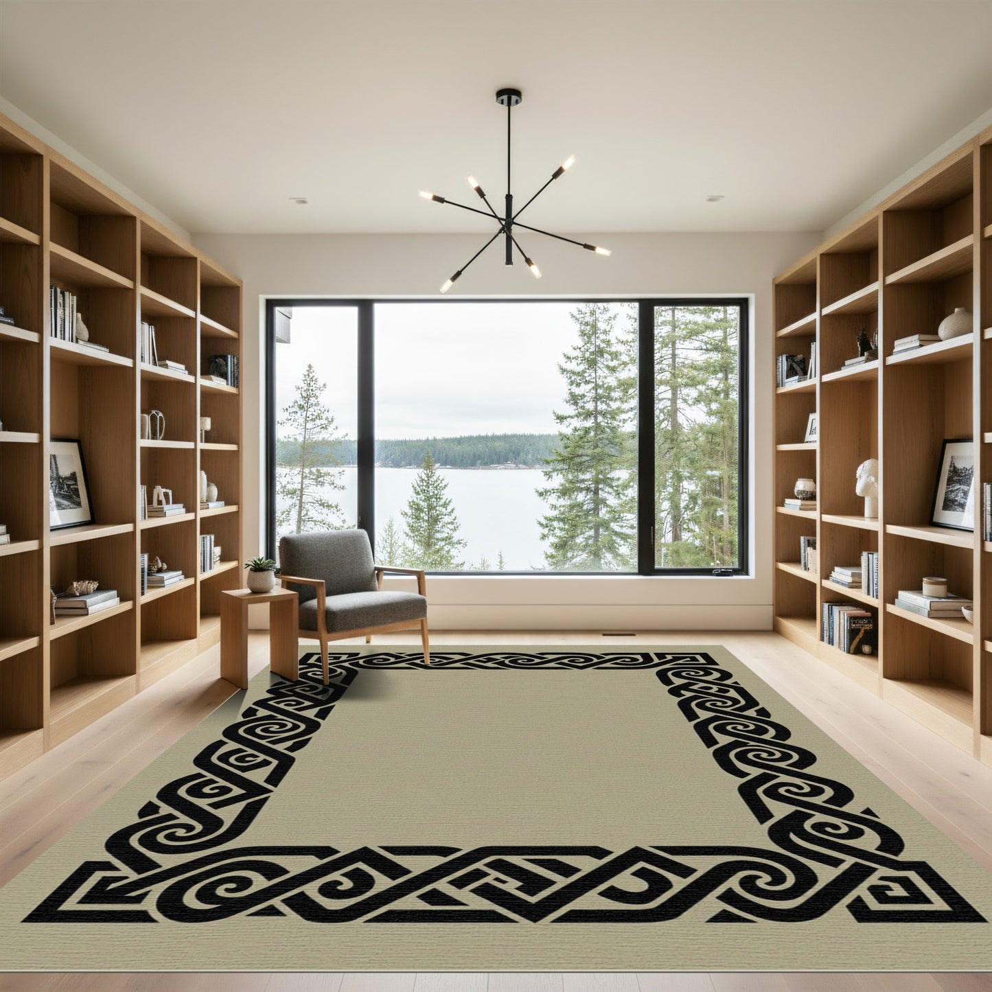 Bold Black Interlocking Knot Border Rug