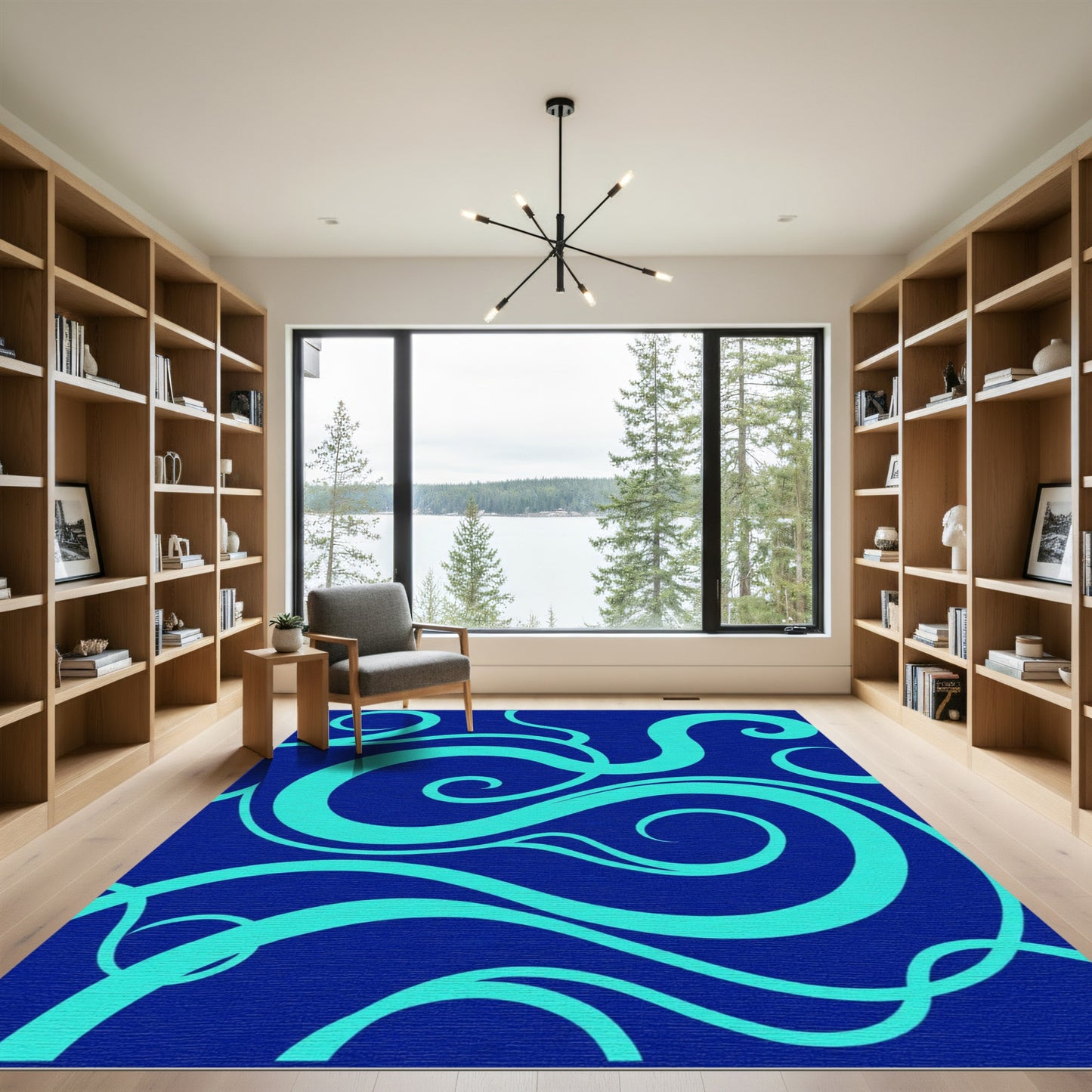 Aqua Swirls on Dark Blue Background Rug