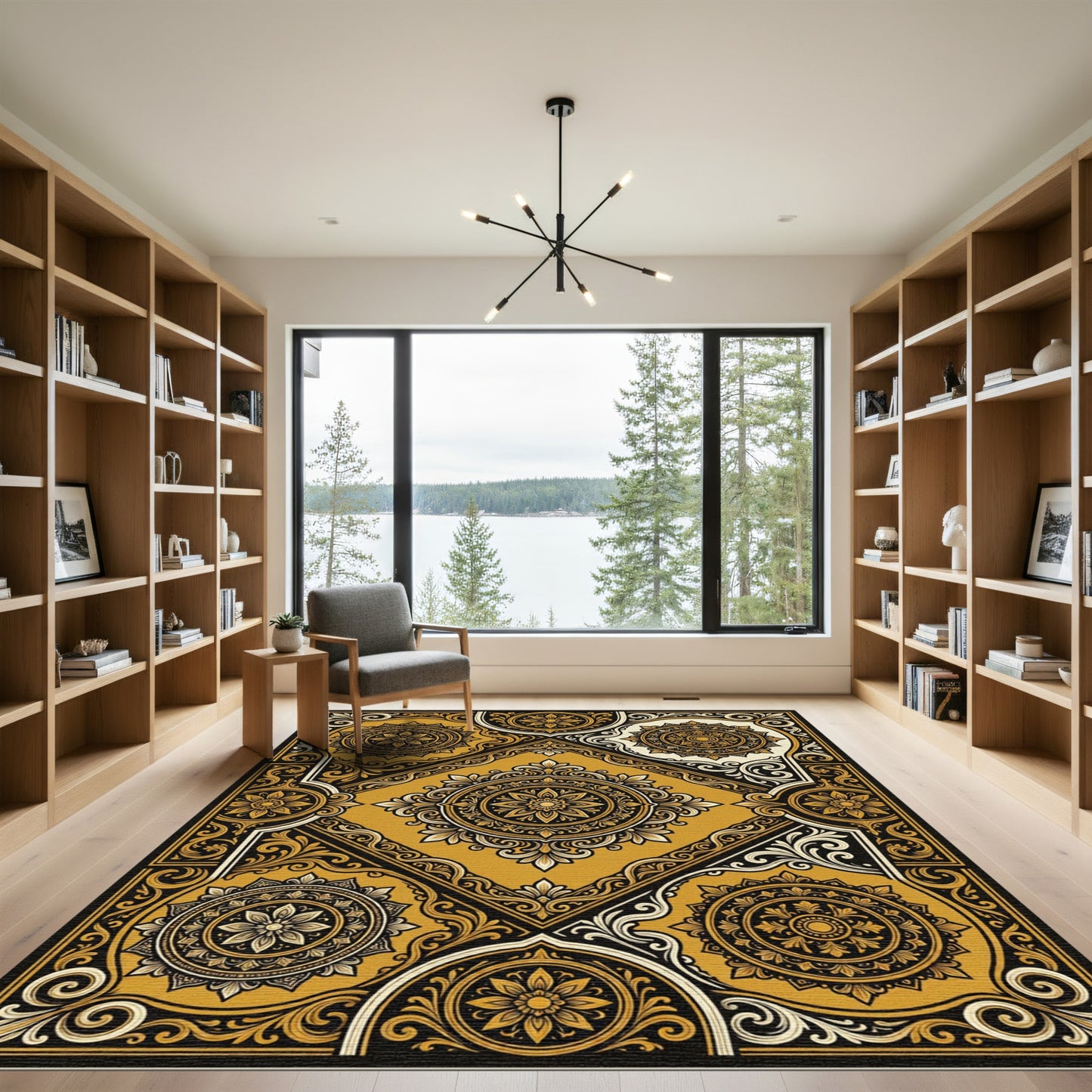 Golden Black Ornate Medallion Mandala Rug