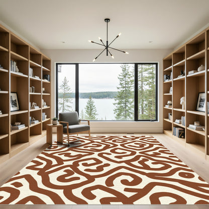 Brown Abstract Swirl Maze Rug