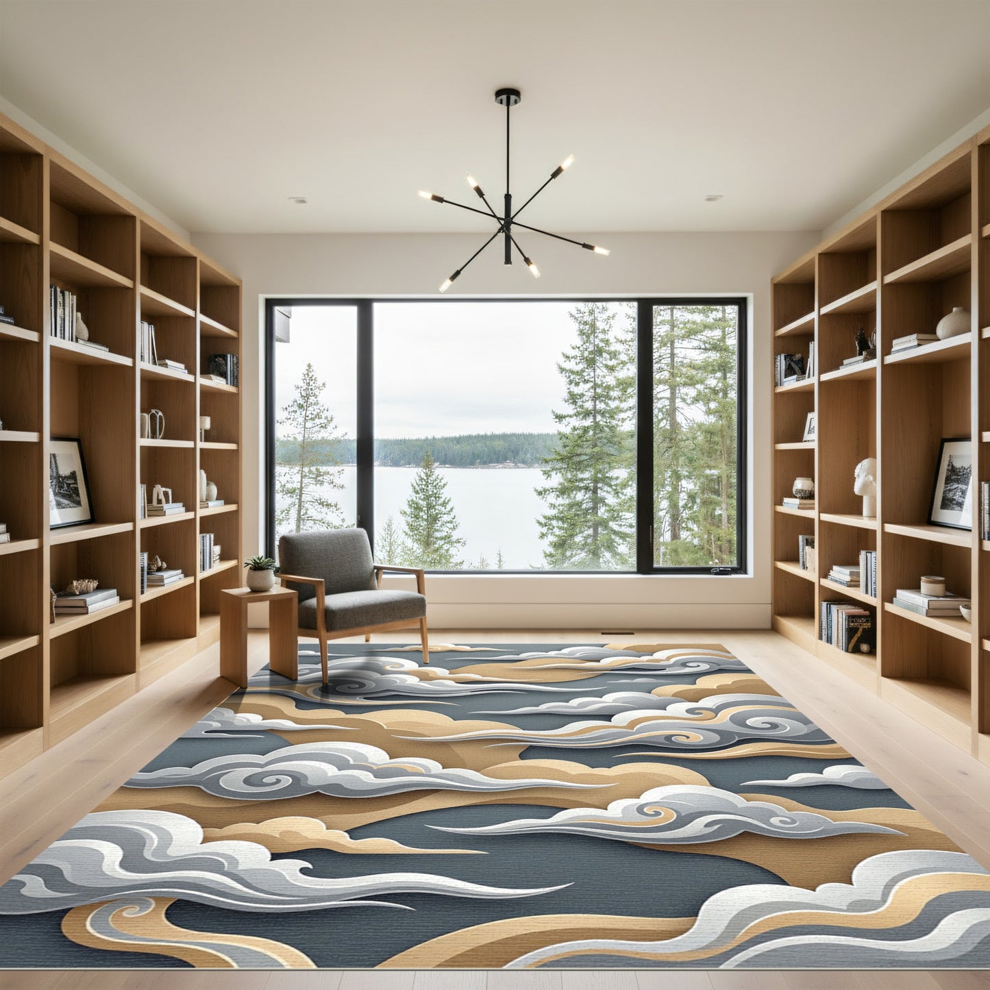 Elegant Gold and Gray Swirling Clouds Rug